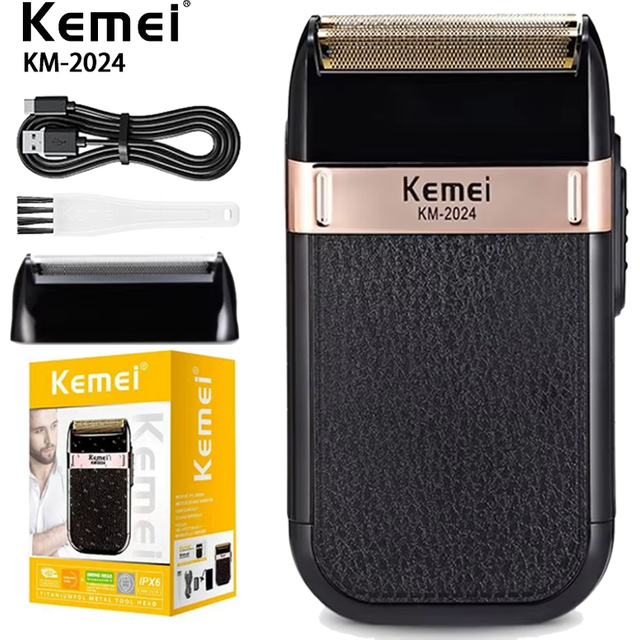 Kemei KM-2024 Powerful Rechargeable Shaver for men Waterproof Electric Shaving Machine Bald Head Electric Razor with Extra Mesh