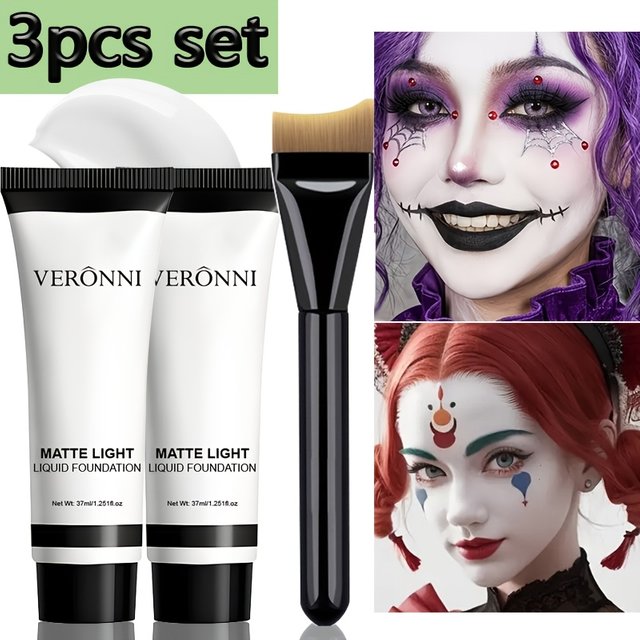 3pcs Full Coverage Matte White Liquid Foundation with a Free Brush,Suitable for Halloween and Daily Use, Role-playing Makeup