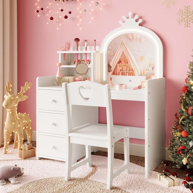 Princess Kids Vanity Table and Chair Set Detachable Tri-Fold Lighted Mirror 3 Drawers Storage Shelves Makeup Desk for Girls Room