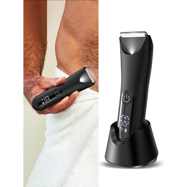 Groin & Body Hair Trimmer for men, Electric Ball Pubic Trimmer Shaver with Charge Base ,Replaceable Ceramic Blade Heads, Wet/Dry