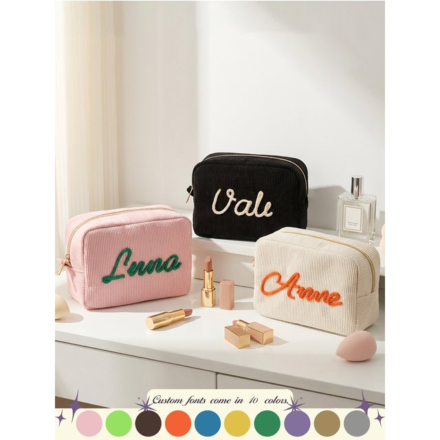 Personalized Name Rope Embroidered Corduroy Makeup Bag, Zipper Cosmetic Pouch, Travel Beauty Organizer Gift for women Girls