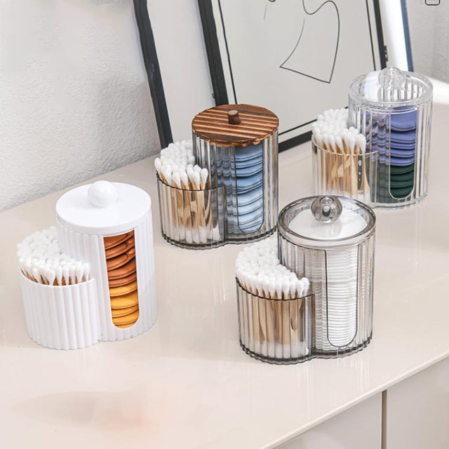 Makeup Pad Holder with Lid Cotton Swab Storage, Bathroom Storage Canister Clear Plastic 2-in-1 Dual Compartment Bathroom Vanity