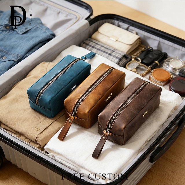 Travel Custom Name Genuine Leather Cosmetic Bag Engrave Letters Crazyhorse Leather Vintage Pen Pouch Personalized Storage Bag
