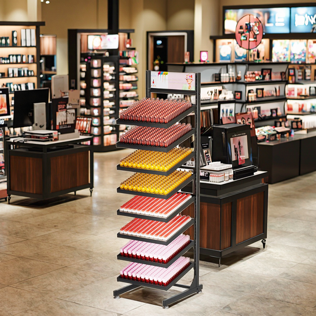 Présentoir moderne pour magasin de beauté, pour produits cosmétiques et de soin de la peau, incluant des huiles essentielles, des parfums, des gloss à lèvres et des vernis à ongles