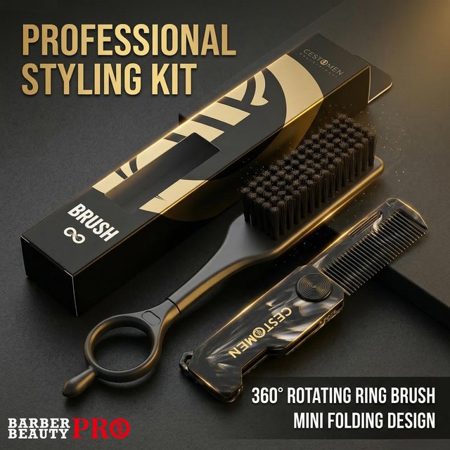 2Pcs Barber Hair Brush and Mini Folding Beard Comb Set - Professional 360°Rotatable Ring Fade Brush Pocket Comb for men’s Beard