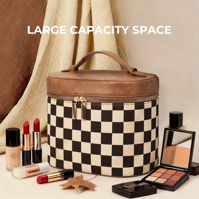 Fashionable Two-Tone Checkered Makeup Bag Portable Large-Capacity Cosmetic Case Storage Bag Premium Feel Travel Toiletry Bag