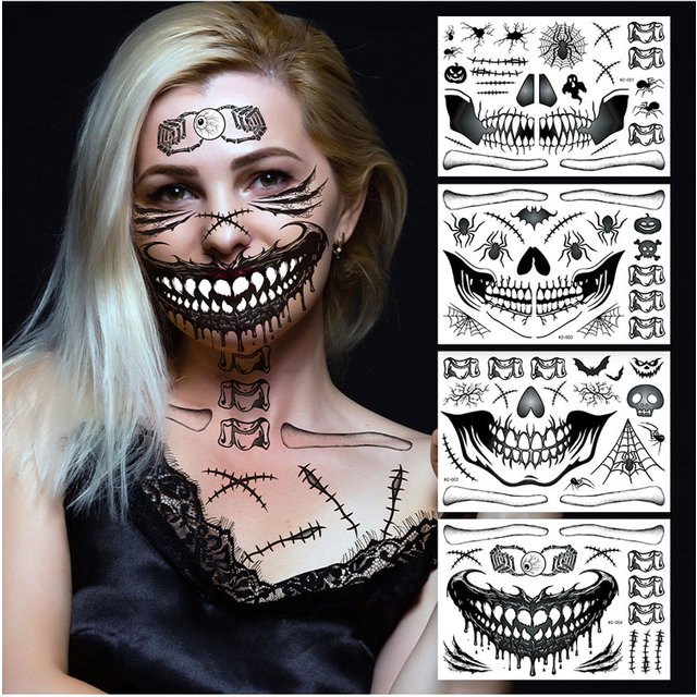 Skull Big Mouth Tattoo Stickers for Halloween Masquerade Horror Temporary Tattoos for men and Women Face Makeup