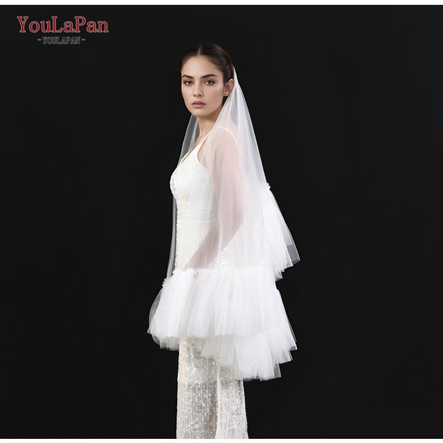 YouLaPan Two Layers Bridal Veils with Blusher Bridal Illusion Tulle Short Wedding Veil in Mesh Ruffled lace Applique Edge V183