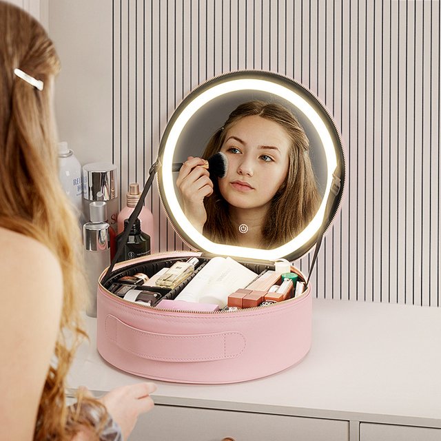 Travel PUMakeup Bag With Led Mirror, Portable Cosmetic Bag With Mirror And Light, Travel Rechargeable Makeup Bag With Led Lights
