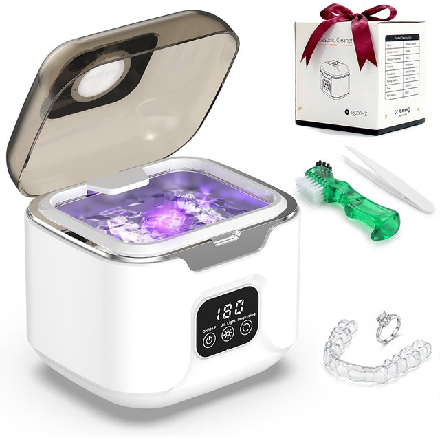 Ultrasonic Retainer Cleaner Machine Portable 48kHz Dental Retainer Cleaner with Timer for Denture Aligner Jewelry Makeup Tools