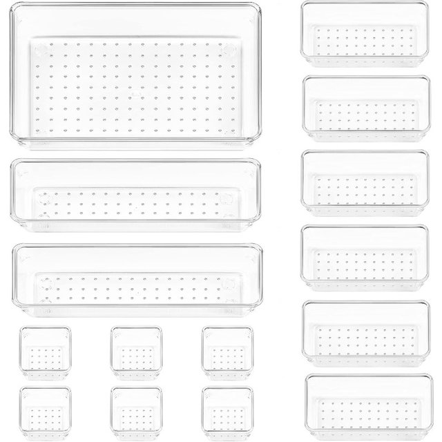 7pcs Clear Plastic Drawer Organizers, Versatile Bathroom Vanity Drawer Organizer Trays, Storage Bins for Makeup, Bedroom, Office