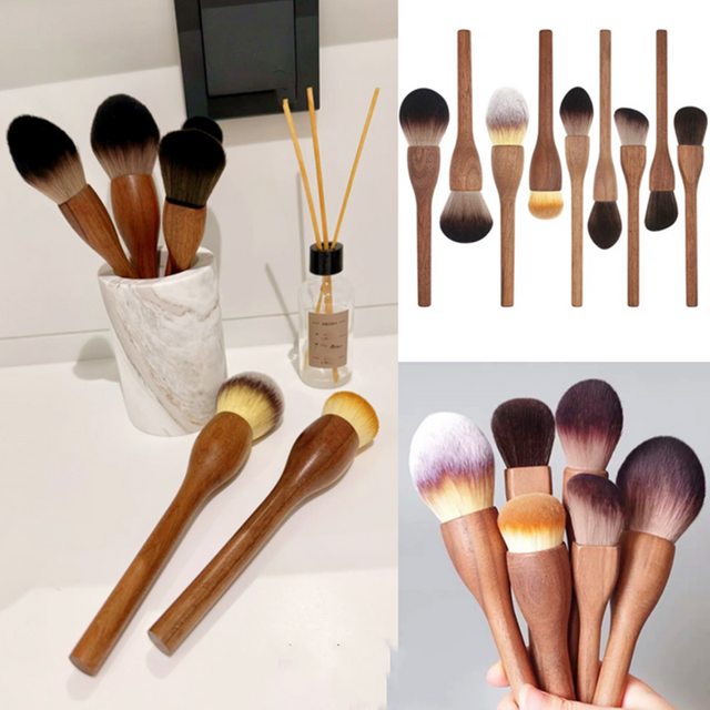 6pcs Vintage Wood Handle Makeup Brushes, Loose Powder Blush Brush, Foundation Contour Brush, High Quality Soft Fcae Makeup Tool