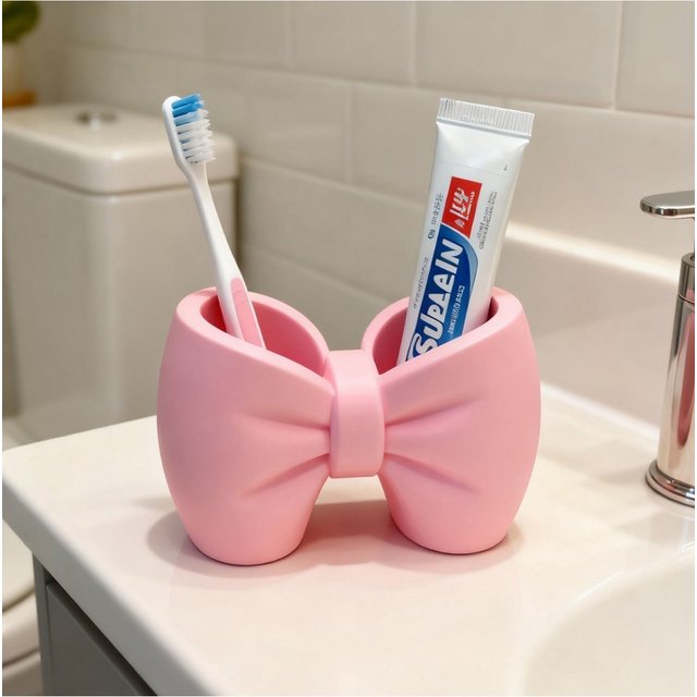 Cute Bow Plastic Toothbrush Holder, Multifunctional as Pen Holder, No Installation Needed for Bathroom and Bedroom Home Decorati