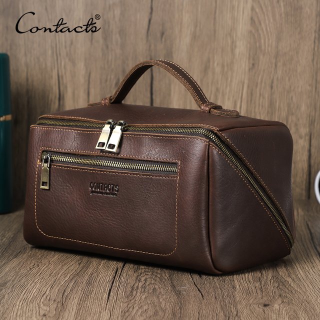 CONTACT'S Genuine Leather Cosmetic Bags for men High Quality Makeup Bag Wash Bag Male Tote Toiletry Bag Travel Bag Clutch Bags