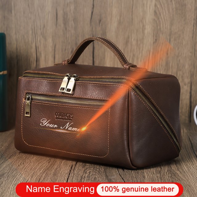 Personalized Cosmetic Bags Men Genuine Leather Luxury Makeup Bag Tote Toiletry Pouch Wash Bag Men's Grooming Kit Travel Dopp Kit