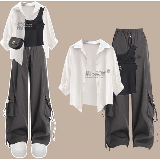 2026 Girl Spring Summer New Fashion Tracksuit Matching Set Korean Elegant Sunscreen Shirt+Strap+Casual Cargo Pants 3-Piece Suit