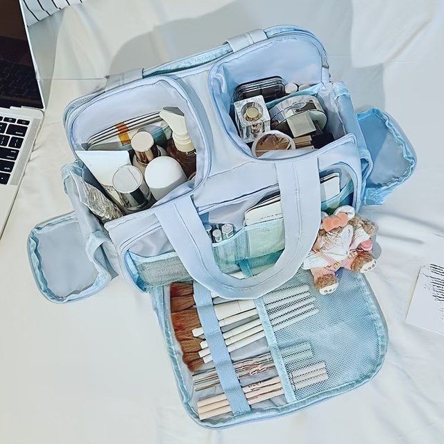 1pc, Women's Large Capacity Travel Makeup & Toiletry Organizer - Durable Nylon with Handle,Multiple Compartments, Sturdy Design