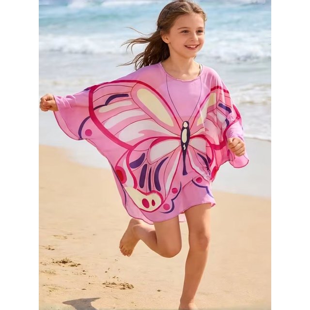 Kids Girls Butterfly Print Sunscreen Shirt Mesh Clothing for Beach Swimming Children's Swimwear Cover-Up Outerwear Single Piece