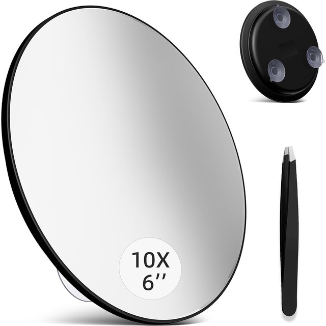 10X Magnifying Makeup Mirror with Suction Cups,6inch Portable Handheld Cosmetic Mirror and Tweezers Set for Travel, Bathroom
