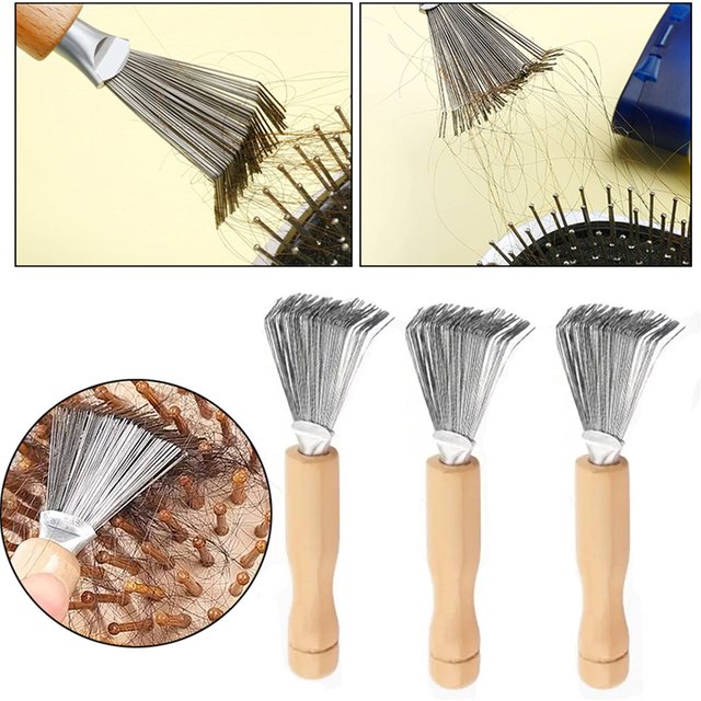 3pcs Hair Brush Cleaner Tool Set Wooden Handle Mini Hair Dirt Remover Brushes with Metal Wire Rake for Removing Hairs Dust Dirt