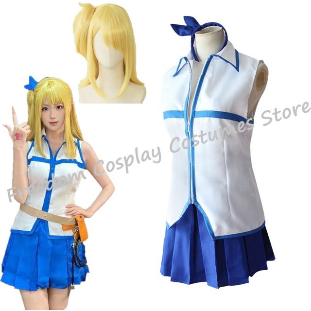 Anime FAIRY TAIL Lucy Heartfilia Cosplay Costume wig Top skirt Hairpin Set Halloween Makeup Party for women