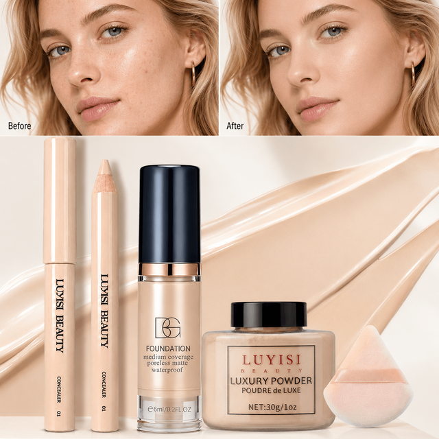 4pcs Facial Makeup Set:1PC Concealer Pen+1PC Foundation+1PC Loose Powder+1PC Puff,Flawless,Waterproof Long-Lasting,Natural