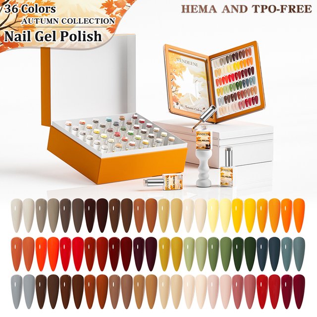 Vendeeni 36 Colors/Set Autumn Pure Color Gel Nail Polish TPO HEMA FREE High Pigment Fall UV Soak Off Gel Varnish With Display
