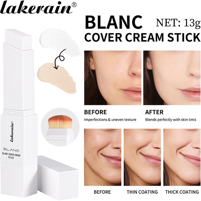 Lakerain Color Changing Foundation Stick Full Coverage Matte Finish Dual-Ended Brush & Stick Waterproof Smooth Foundation Makeup