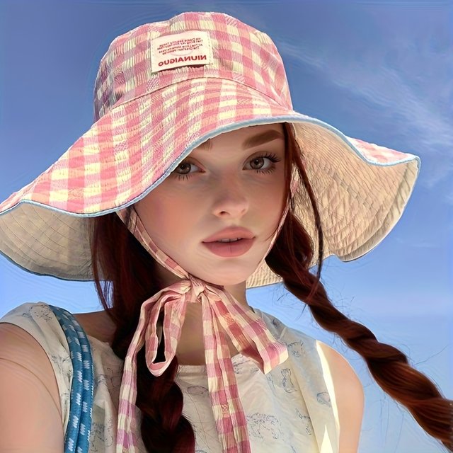 Japanese and Korean Style Plaid Fisherman Hat Trendy Seaside Beach Sunshade Hat Double-sided Wearable Plaid Summer Sunscreen Hat
