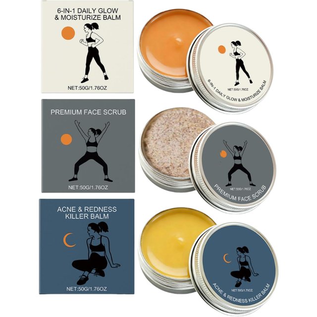 3 Kinds Of Facial Skin Care - Acne & Redness Killer Balm, Daily Glow & Moisturize Balm, Face Scrub, Exfoliating, Oil Control