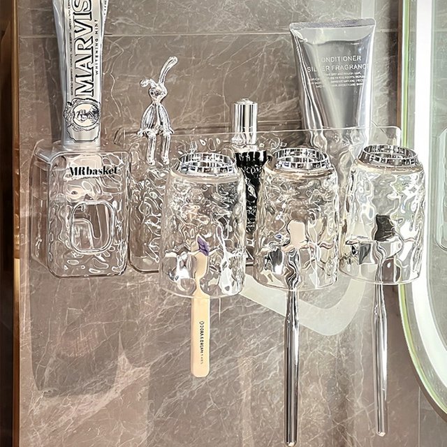 Wall Mounted Toothbrush Holder No Drilling Bathroom Organizer for Toothpaste Cup and Brush