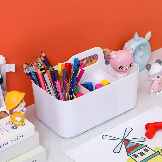 New Desktop Marker Holder Art Supply Storage Box Cosmetic Plastic Storage Basket With Handle Pencil Pen Stationery Storage Case