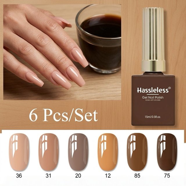 Hassleless 6-Color Gel Nail Polish Set, 15ml per Bottle. Gentle, Glossy, Dip-in LED Gel Polish, Formaldehyde-Free, High-Gloss, L