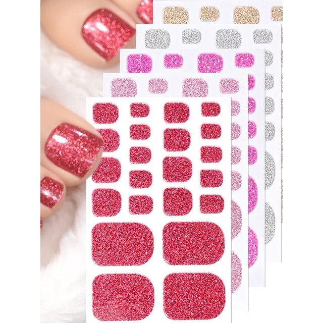 22tips Toe Nail Sticker Wraps Adhesive Decals Baking Free Glitter Toenail Polish Strips Women Summer Full Cover DIY Foot Decals