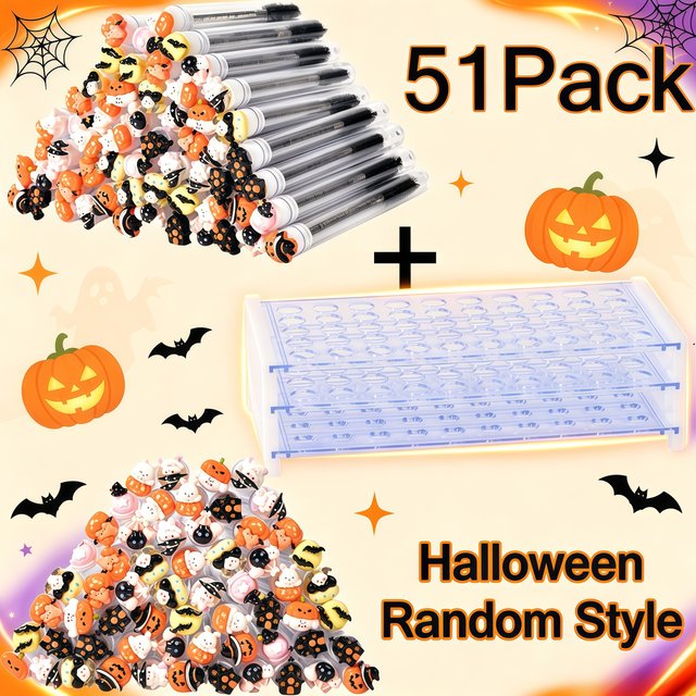 Lot de 51 brosses à cils Halloween, 50 applicateurs de mascara aléatoires avec boîte de rangement à 50 compartiments, outils de maquillage DIY pour extensions de sourcils