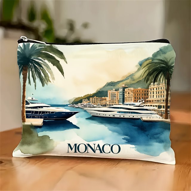 A Monaco yacht harbor printed makeup bag - multifunctional zipper pouch, jewelry storage bag