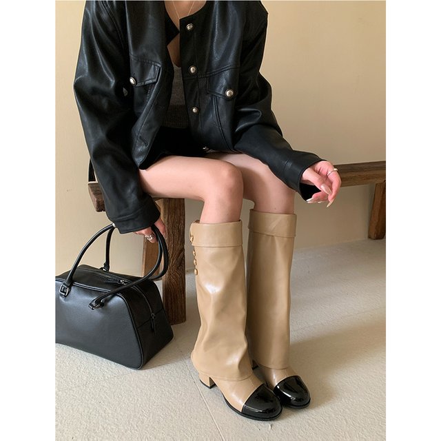 Petites bottes de chevalier parfumées à bout rond de style français, bottes montantes polyvalentes à talons épais pour femmes