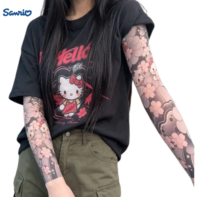 A Pair Hello Kitty Ultra-Thin Seamless Ice Sleeve Tattoo Design SunscreenUV ProtectionCuff Unisex Material Resistant Accessories