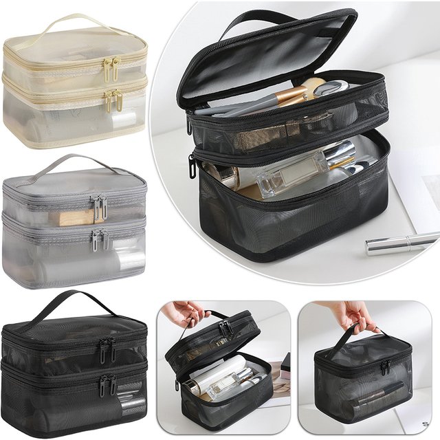 Double Layer Mesh Cosmetic Bag Women's Portable Makeup Toiletry Organiser Pouch With Zipper Large Makeup Pouch For Business Trip