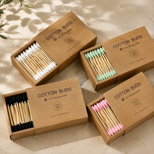 1 Box 200Pcs Bamboo Cotton Swabs Biodegradable Multi‑Color Cotton Buds Kraft Paper Box for Ear & Makeup Daily Home Use