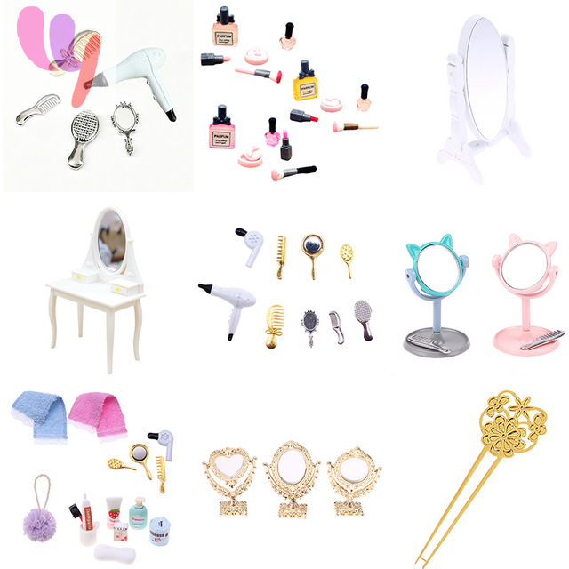Hot 1Set 1:12 Dollhouse Mini Hair Styling Set Hair Dryer Comb Mirror Mini Furniture Bedroom Scene Pretend Play Table Miniature