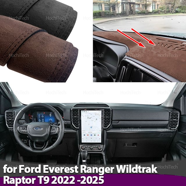 Suede Leather Dashmat Dashboard Cover Black Instrument Panel Sunscreen Pad for Ford Everest Ranger Wildtrak Raptor T9 2022-2025