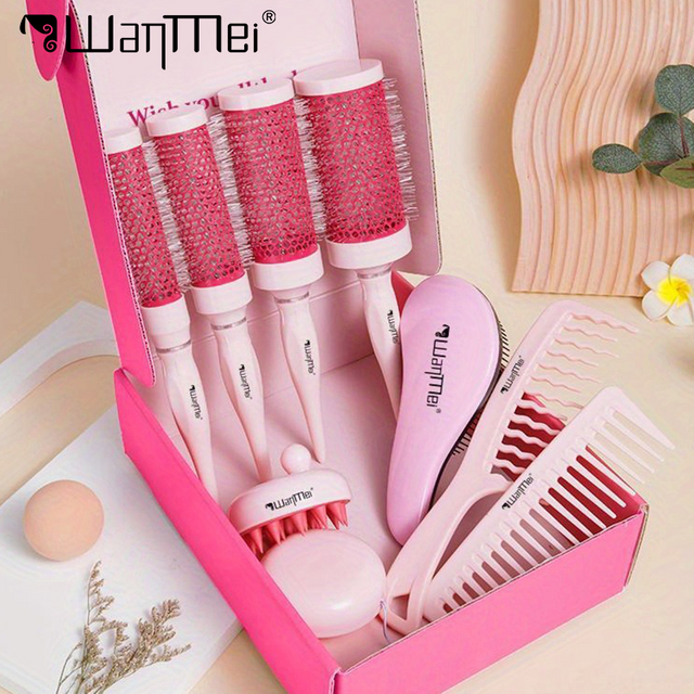 8pcs Hairbrush Set Wide Teeth Comb with 4-size Round Barrel Rolling Brush Soft Scalp Massage Comb Hair Salon Gift Box Kit