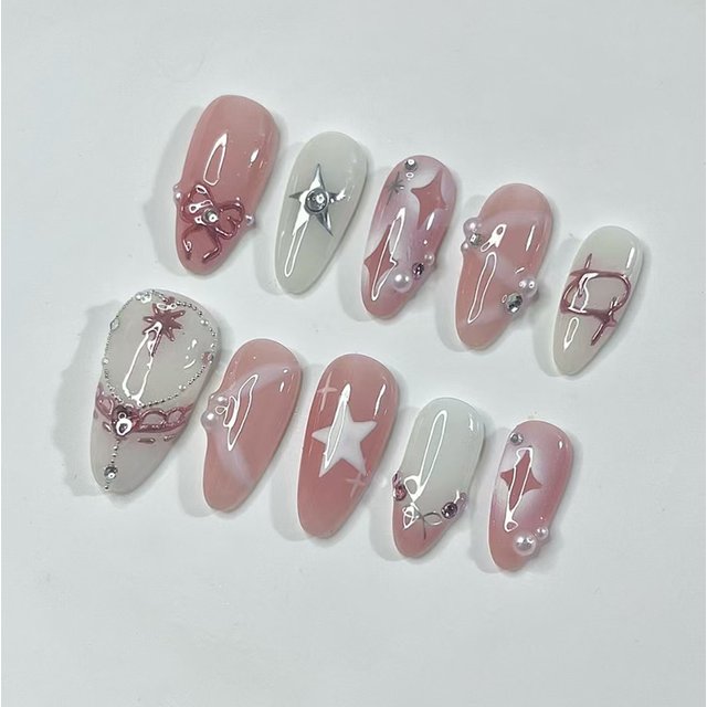 24PCS Pink Star Bow Press on Nail Gentle Blush French Almond False Nail with Pearl Diamonds Design Wearable Sweet Fake Nail Tips