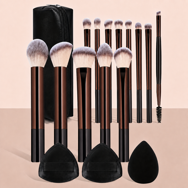 17PCS Professional Makeup Kit Including 13 Aluminum Brushes, Carry Bag & 3 Sponge Puffs, Powder, Eyeshadow, Blush and Detail Too