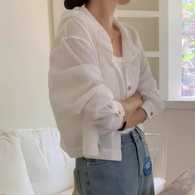 Korean Chic Breathable Stripe Contrast Color Hooded Shirt for women Loose Long Sleeve Sunscreen Short Fit Single Match All Seaso