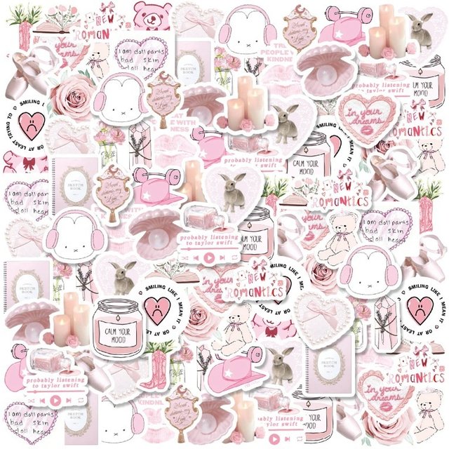 46 autocollants en PVC pour carnet, tasse à eau, journal, guitare, papeterie étudiante, décorés de lapins, d'ours, de parfums roses et de graffitis