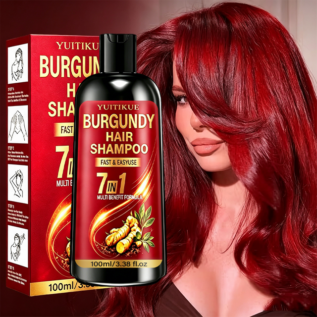 YUITIKUE 7 In 1 Burgundy Hair Dye Shampoo, Mild Ginger Extract Formula, Natural Burgundy Tone Cover Gray Hair Home Use 100ml