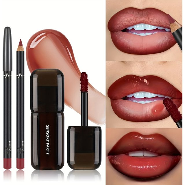 Gradient Lips Set, Lip Liner + Glass Lip Gloss, Mirror Shine Finish, Smooth Blend, Nude Shades, Long-Lasting