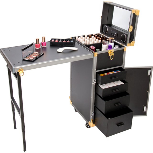 Black Cosmetic Workstation Folding Rolling Portable Case Nail Tech Tables Manicure